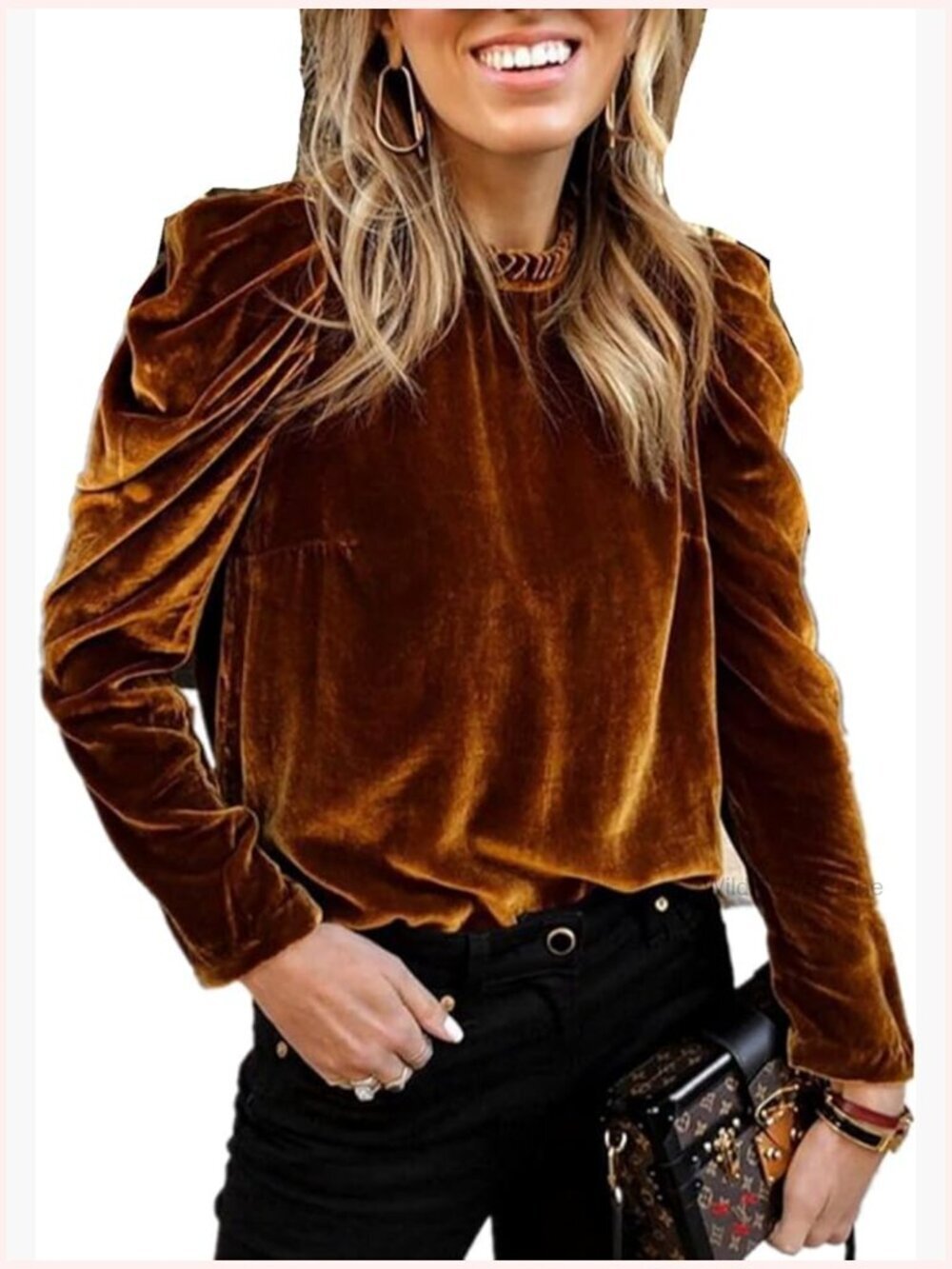 Women Mock Neck Puff Sleeve Velvet Blouse Frilled Work Office Solid Top